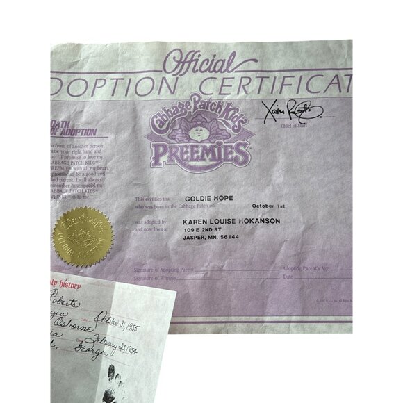 Cabbage Patch Kids Preemies Official Adoption Birth Certificates Goldie Hope Pap - Picture 3 of 3